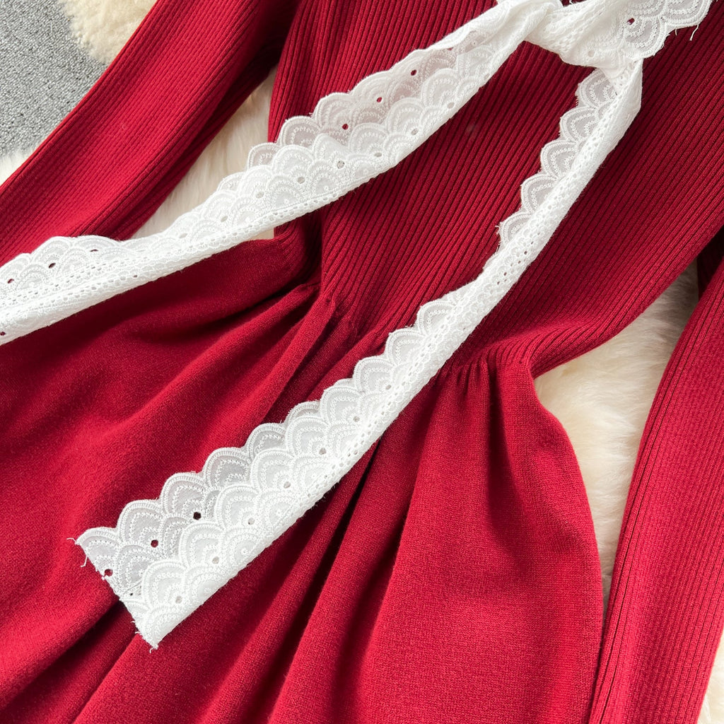 Color Blocking Bow-tie Collar Knitted Dress