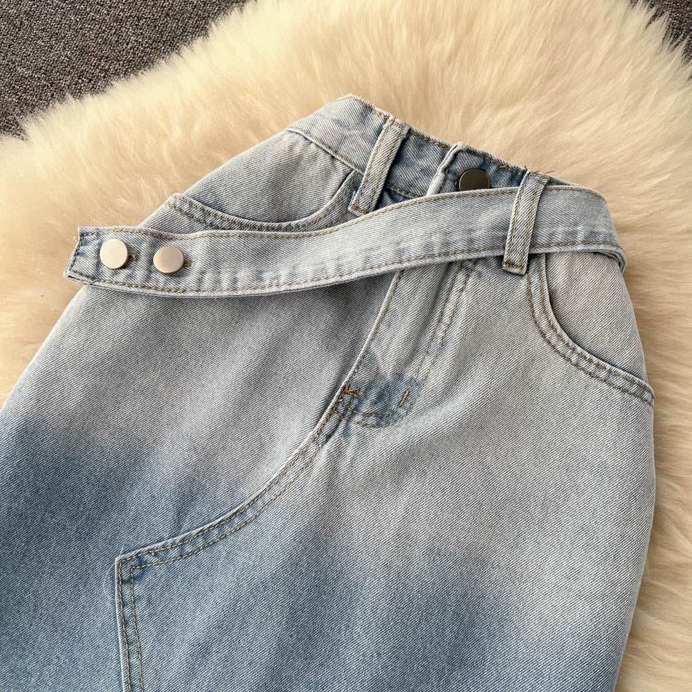 Vintage Irregular Design Fur-hem Denim Skirt