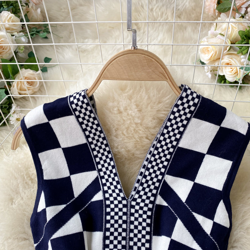 Mosaic Color Block Check Knit Dress