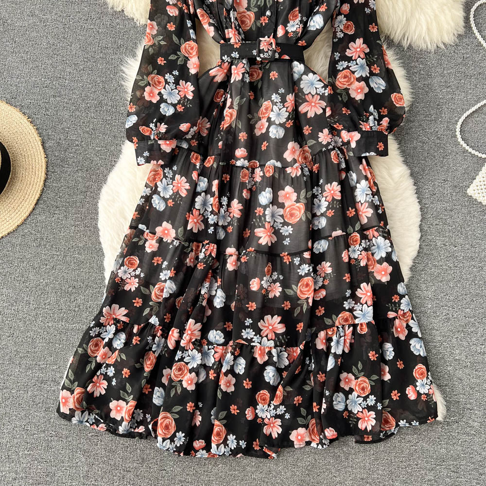 V-neck Chiffon Floral Long-sleeve Dress