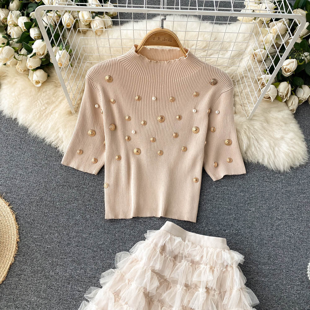 Knitted Top & Mesh Skirt Two-piece Suit