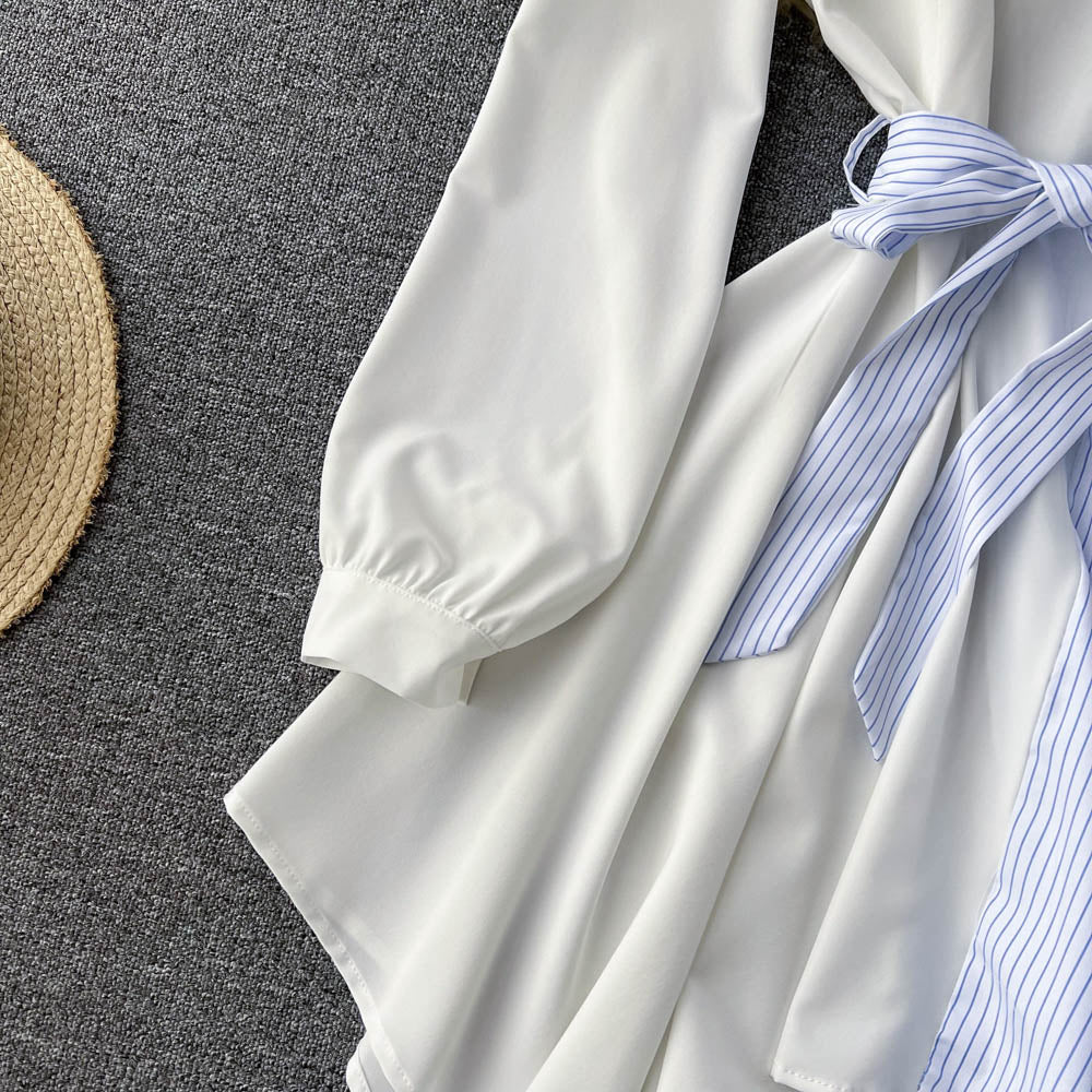 Colorblock Striped Lapel Tie Waist Shirt
