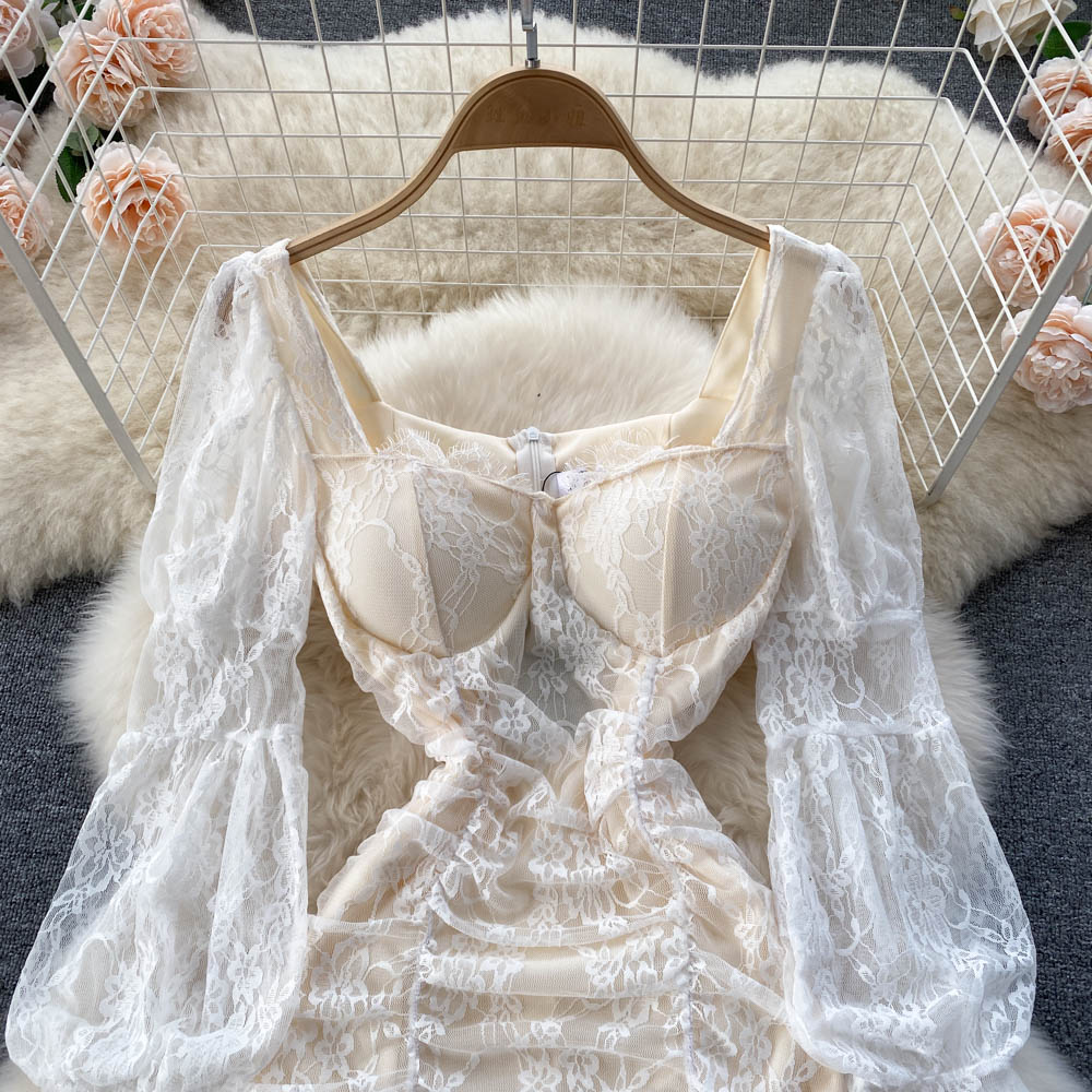 Square Neck Lace Waist Bag Hip Dress