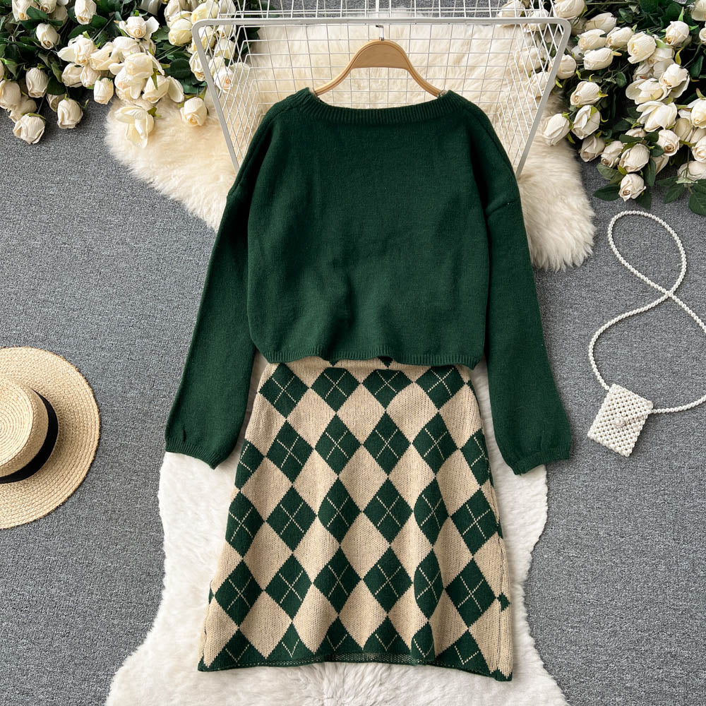 Cardigan&Rhombus Slip Dress Knitted 2Pcs