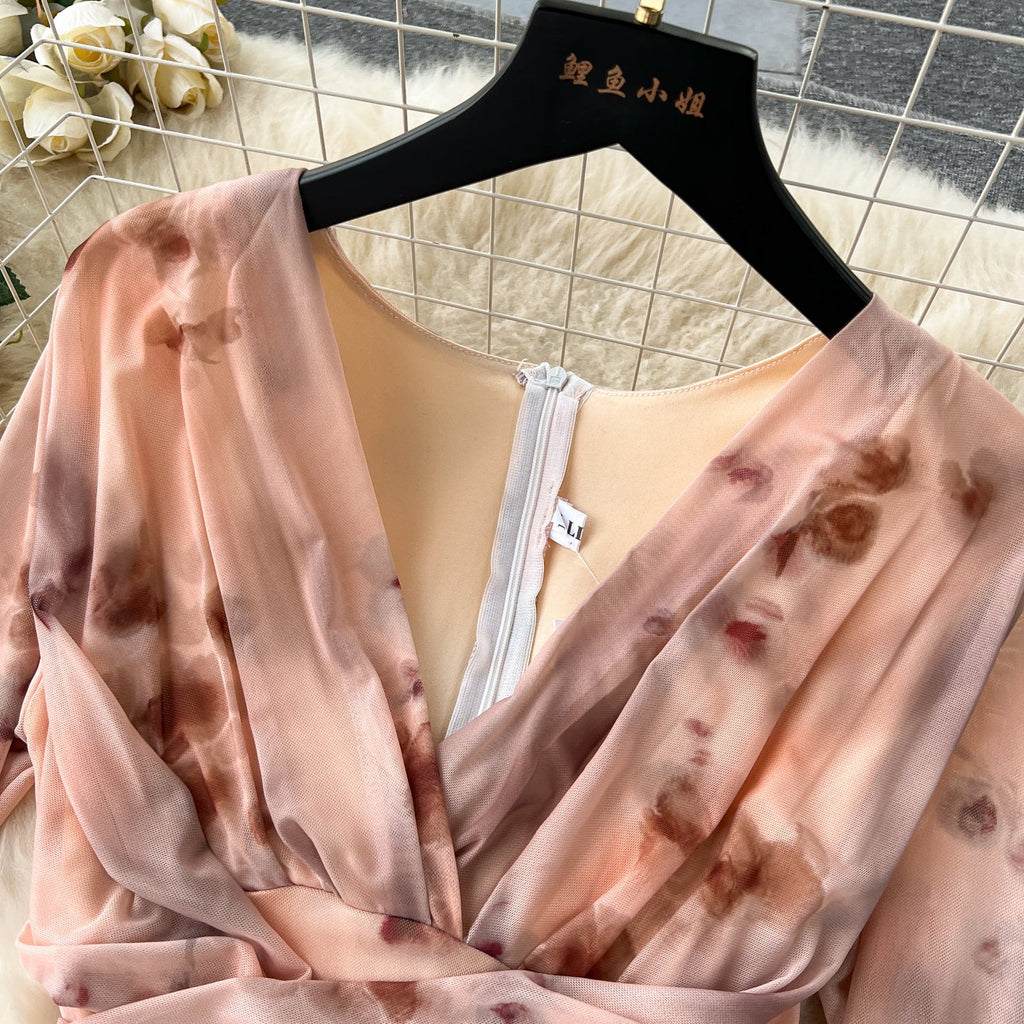 V-neck Pleated Tie-dye Printed Dress