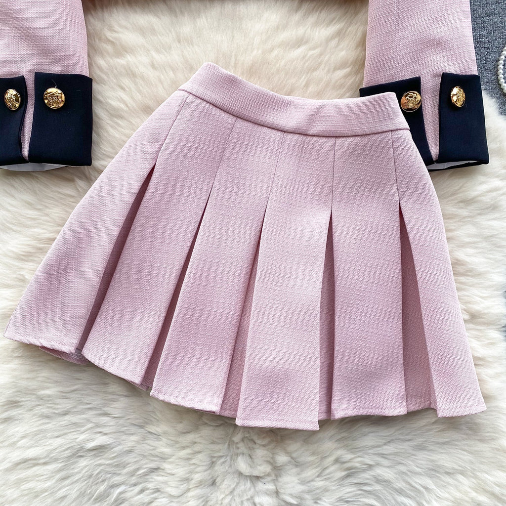 Color Blocking Cardigan&Pleated Skirt 2Pcs
