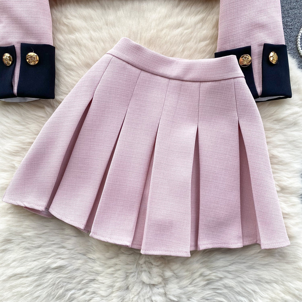 Color Blocking Cardigan&Pleated Skirt 2Pcs