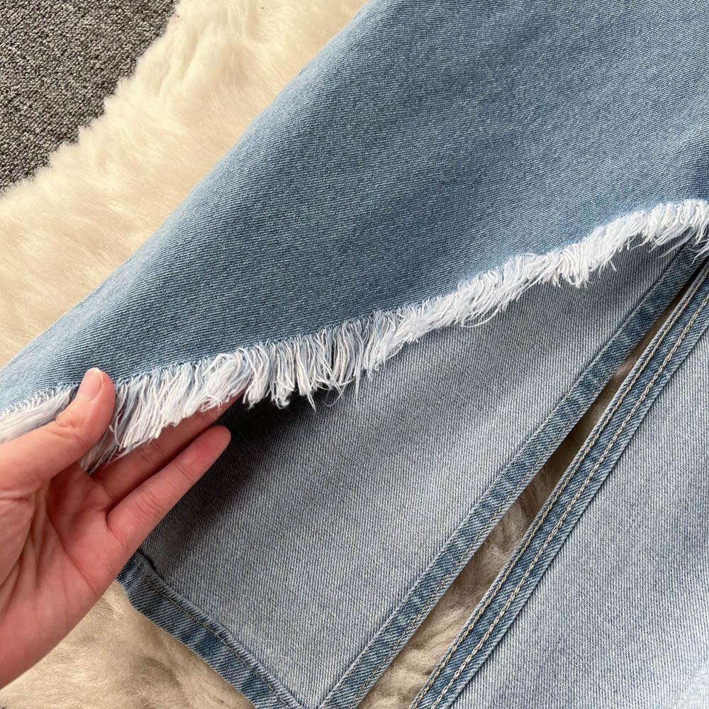Vintage Irregular Design Fur-hem Denim Skirt