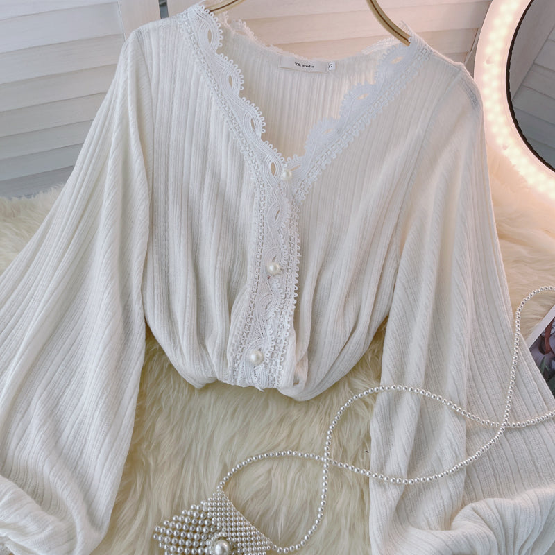 V-neck Shirt With Pleated Lace And Pearl Buttons