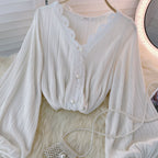 V-neck Shirt With Pleated Lace And Pearl Buttons