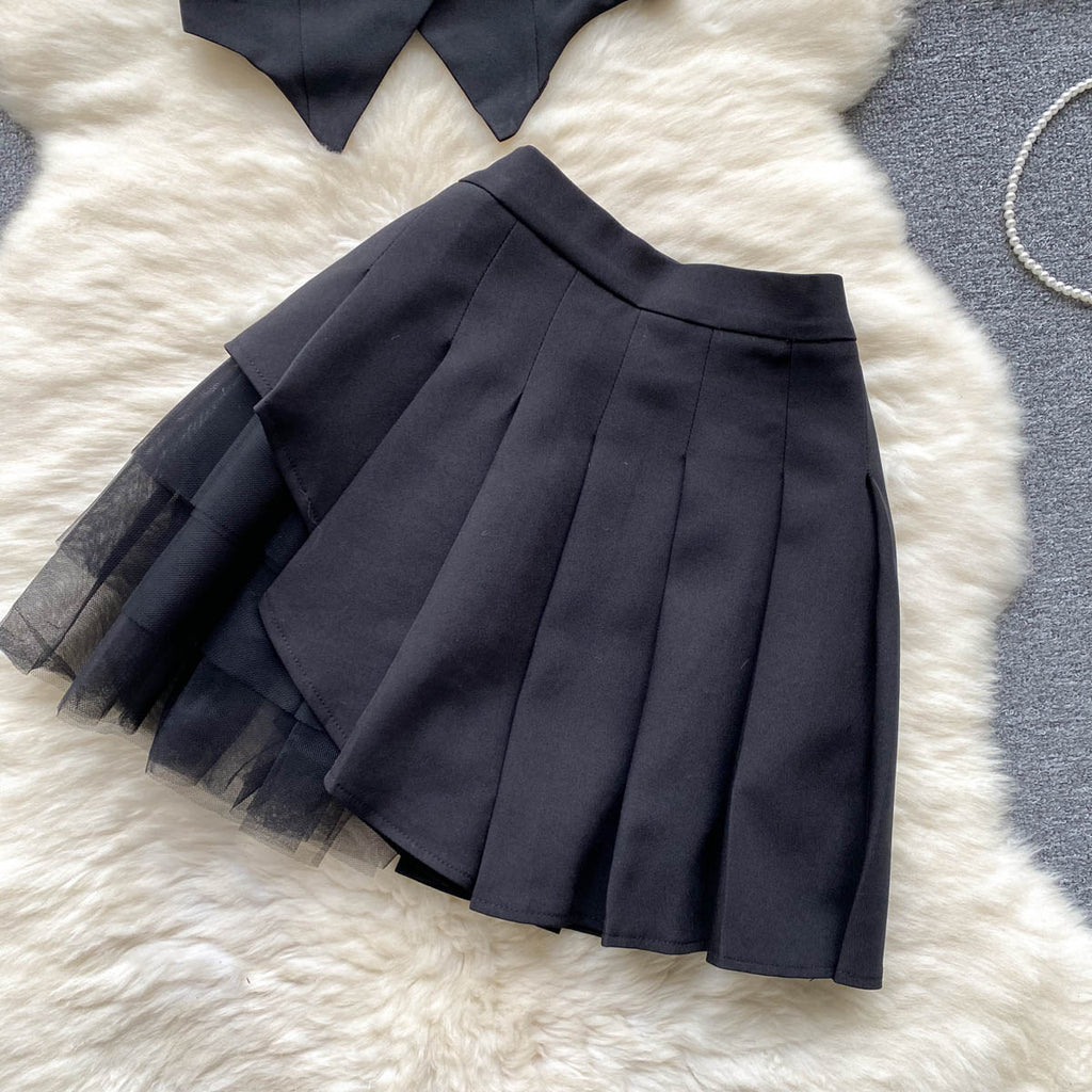 Double-breasted Top&Pleated Skirt 2Pcs