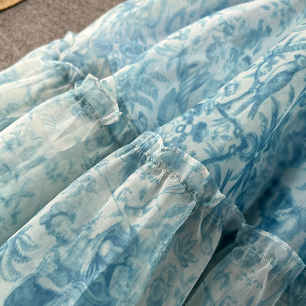 Bubble-sleeve Floral Organza Puffy Dress