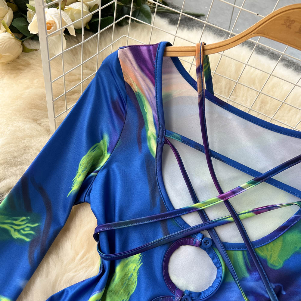Tie-dye Lace-up Long-sleeved Jumpsuit