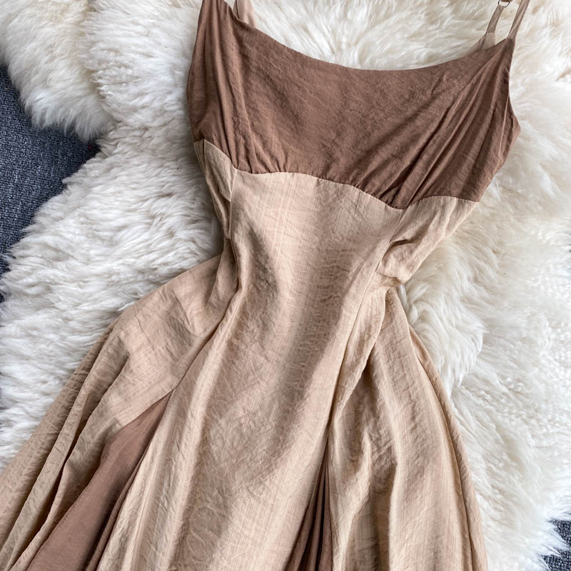 Color Blocking Square Collar Suspender Dress