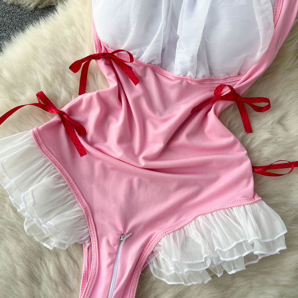 Sweet Pink Ruffle Mesh High-cut Jumpsuit