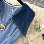 Navy Collar Sleeveless Hollowed Denim Dress