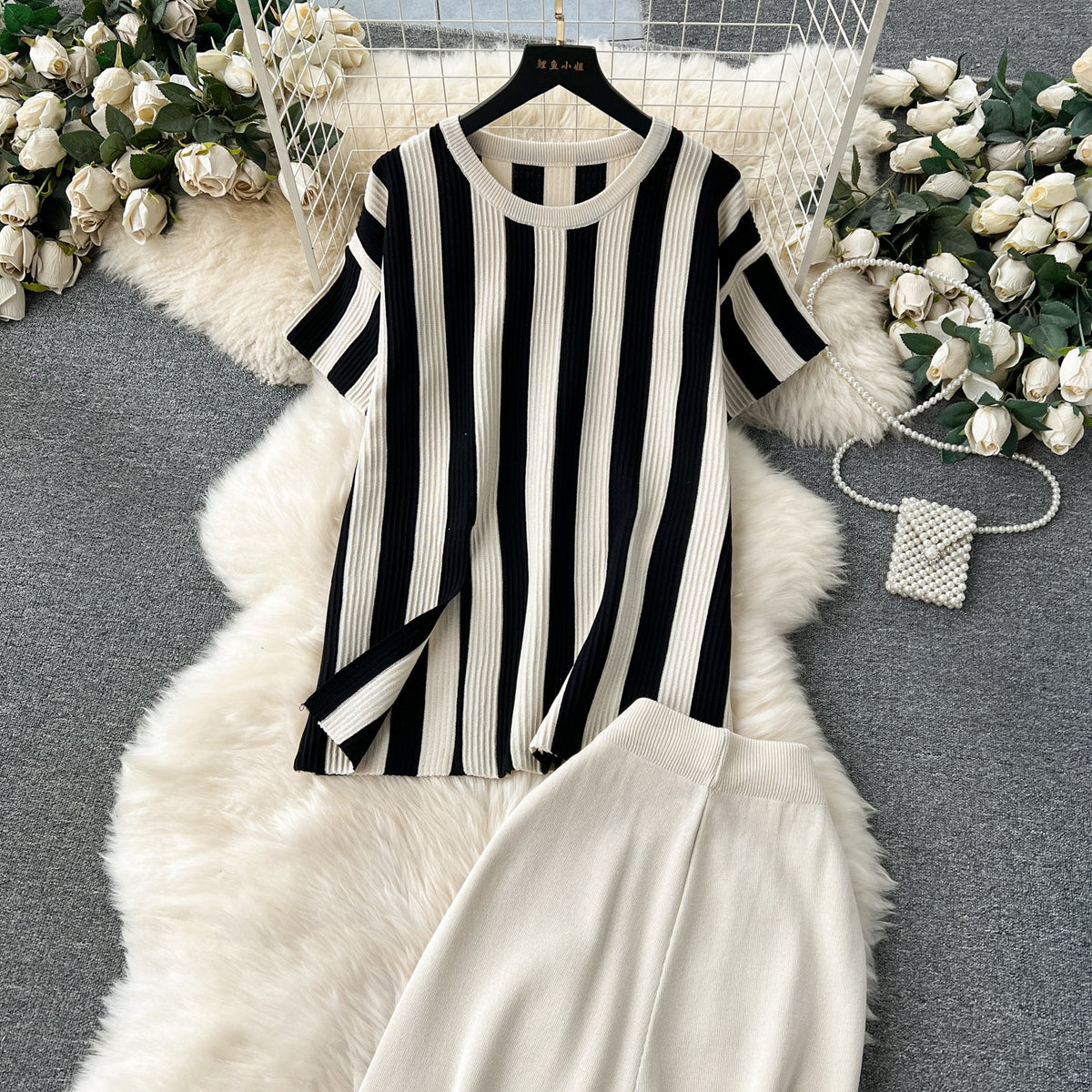 Striped Sweater&Wide-leg Trousers Knitted 2Pcs