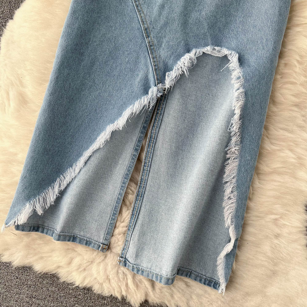 Vintage Irregular Design Fur-hem Denim Skirt