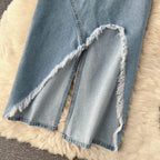 Vintage Irregular Design Fur-hem Denim Skirt