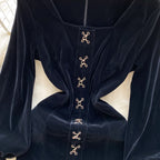 Vintage Square Collar Suede Black Dress
