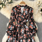 V-neck Chiffon Floral Long-sleeve Dress