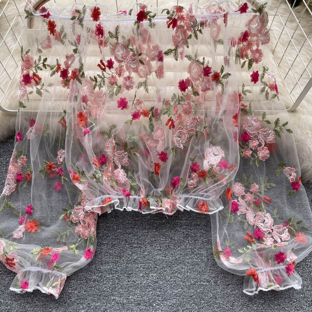 Off-shoulder Floral Embroidery Lace Top