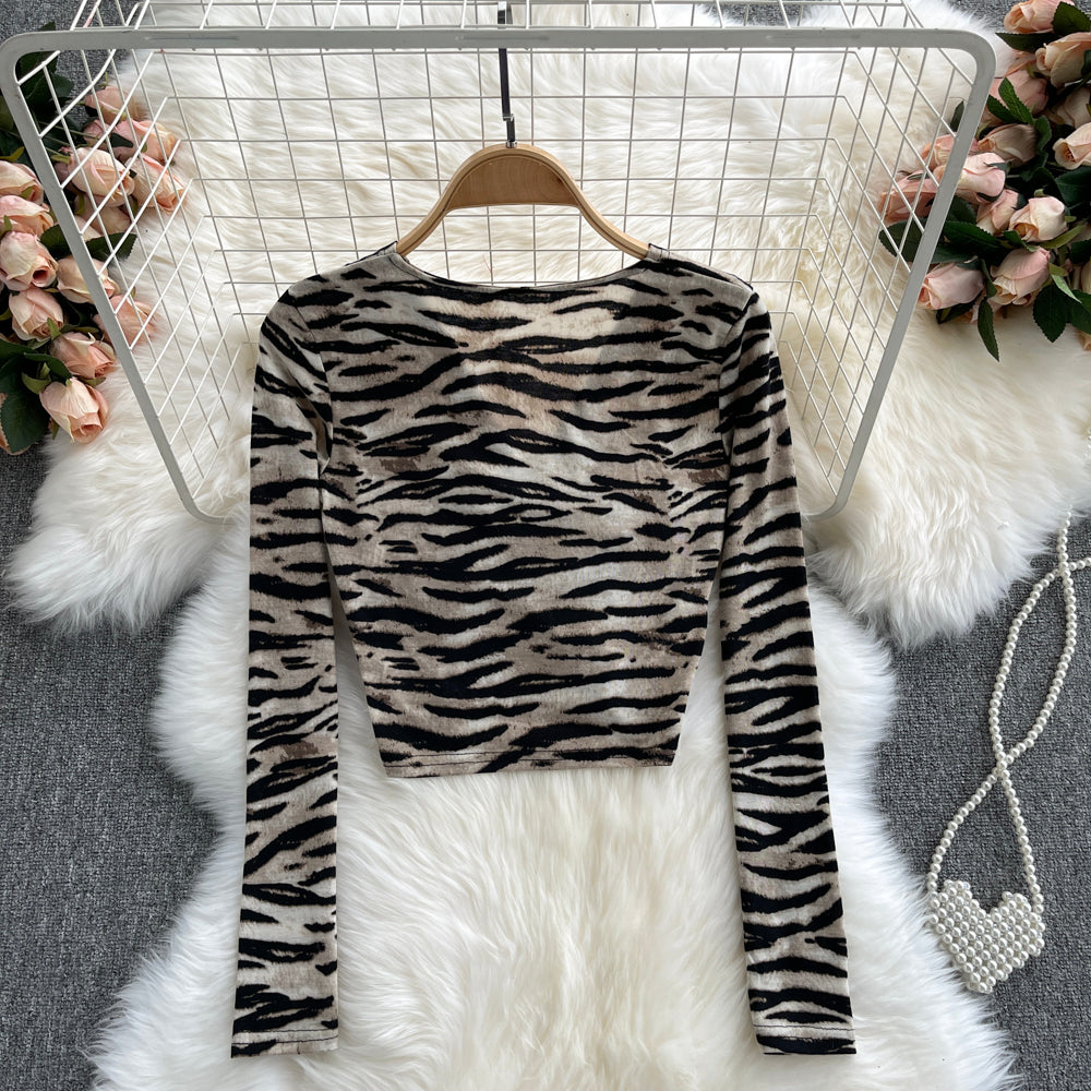 Leopard V-Neck Ruched Tie Long Sleeve T-Shirt