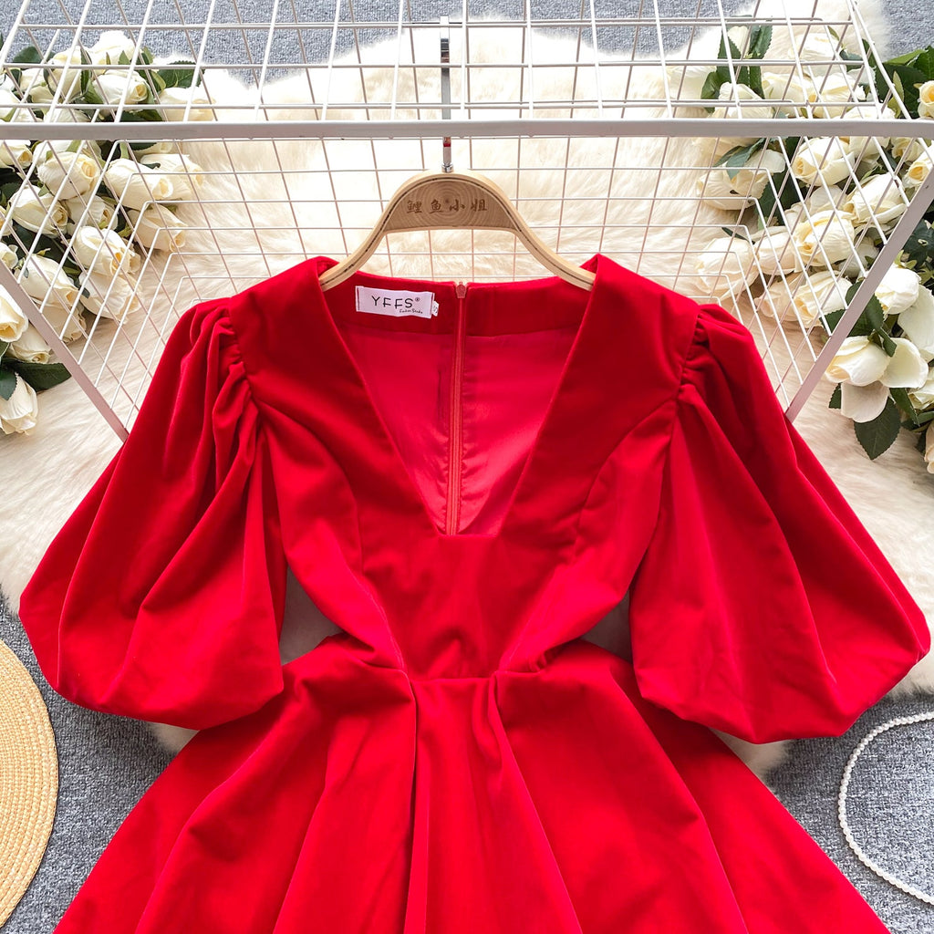 Vintage V-neck Puffy Suede Dress