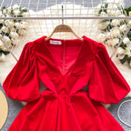 Vintage V-neck Puffy Suede Dress