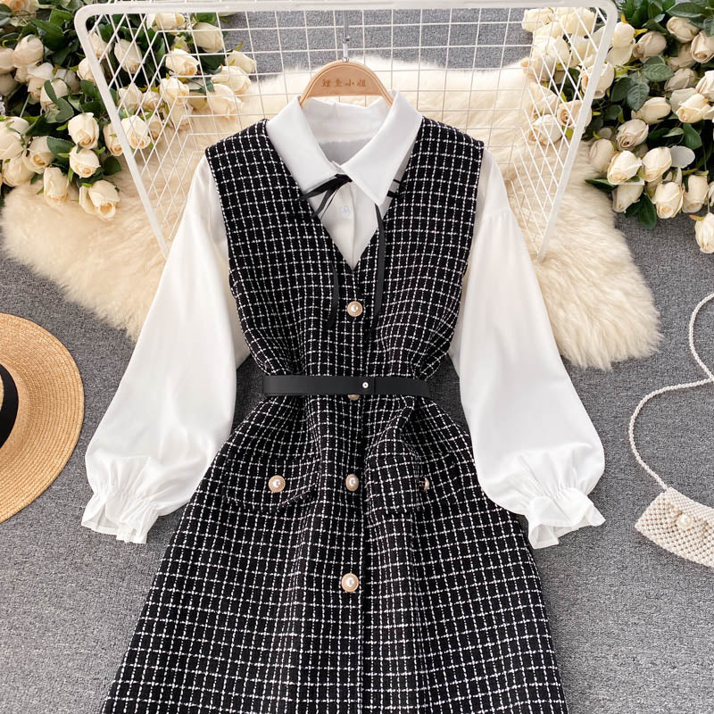 Two-piece Puff Sleeve Shirt Houndstooth Dress