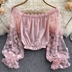 Off-the-shoulder Cropped Mesh Floral Top