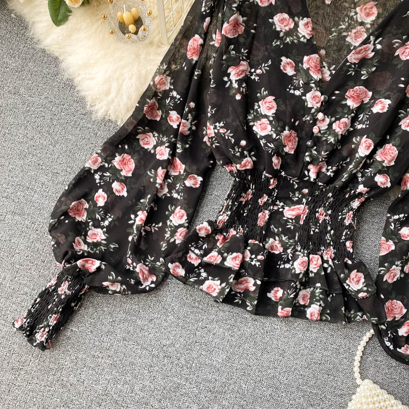 Chiffon Ruffle Trim V-neck Floral Top