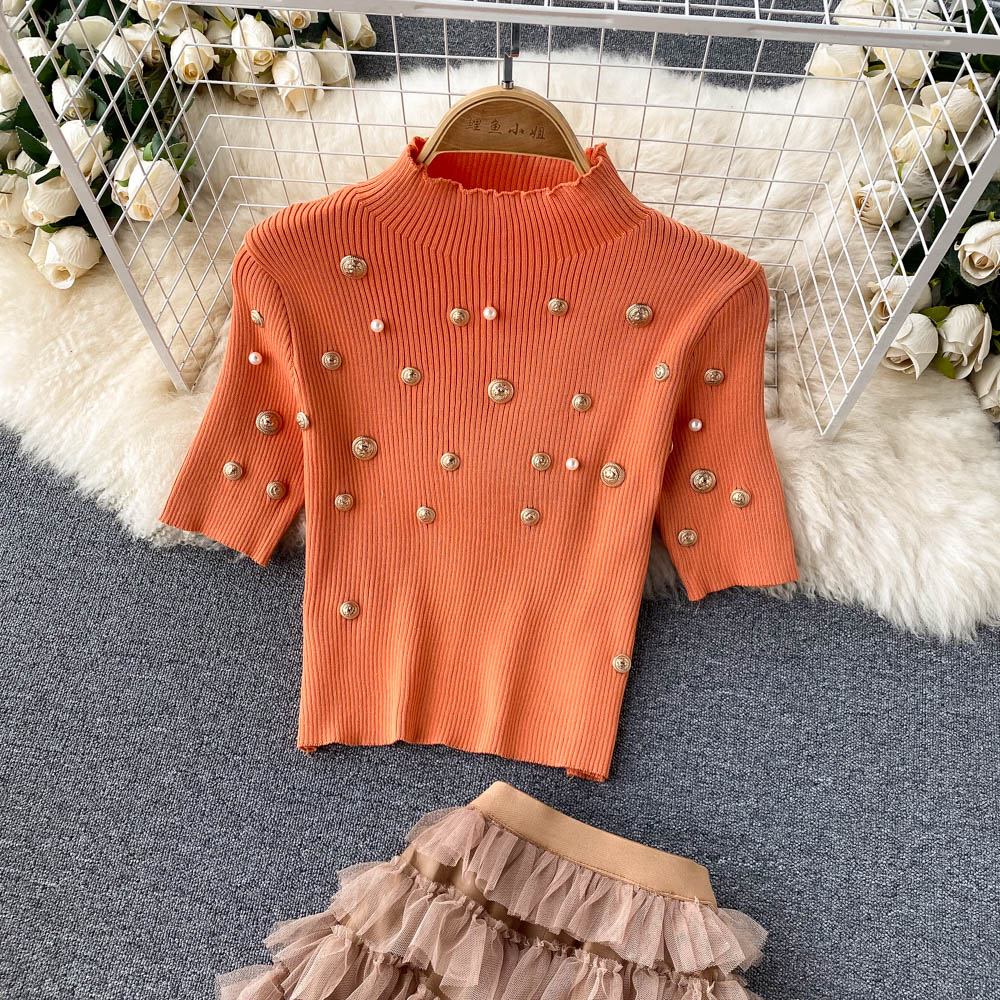 Knitted Top & Mesh Skirt Two-piece Suit