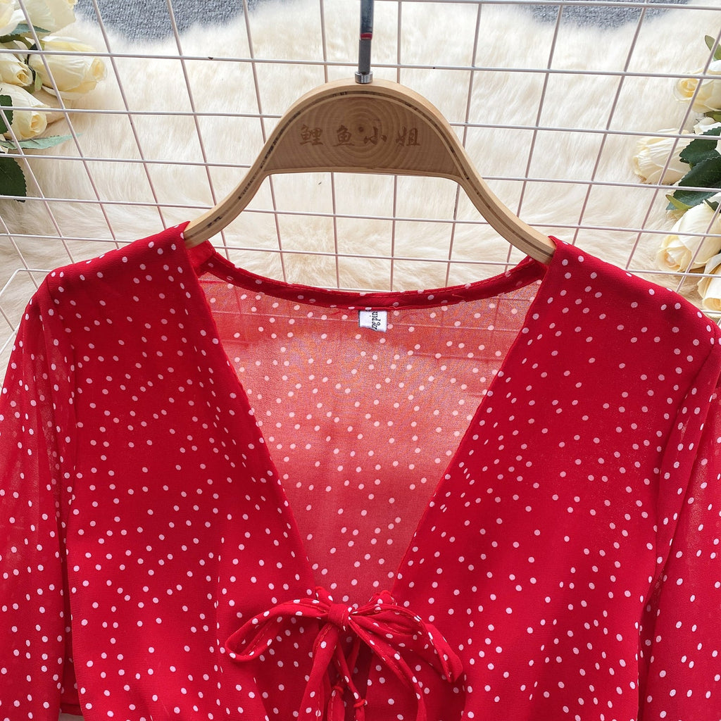 V-neck Lace-up Polka Dot Rompers