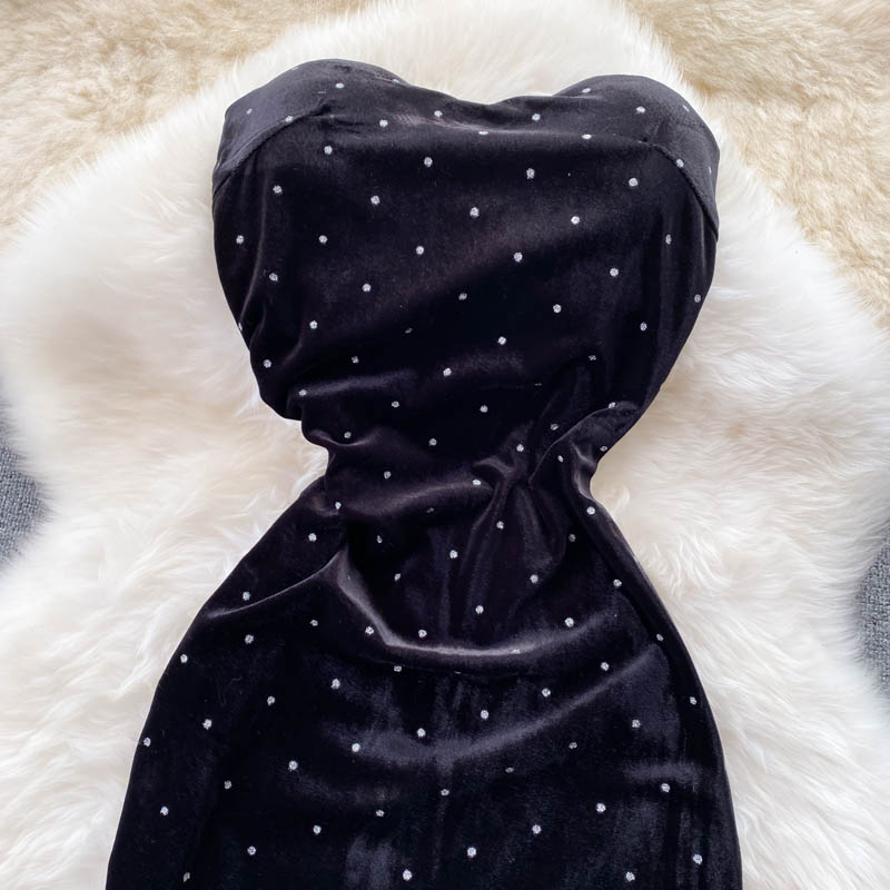 Polka Dot One-shoulder Velvet Bag Hip Dress