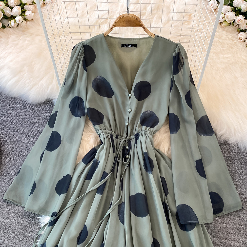 Flared Sleeve Polka Dot Print V-Neck Jumpsuit
