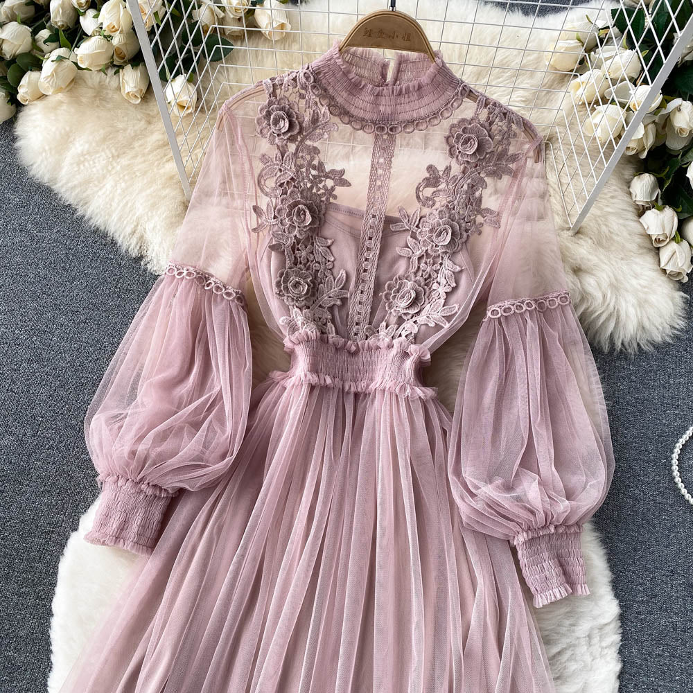 Embroidered Mesh Sleeve Sling Two-Piece Dress