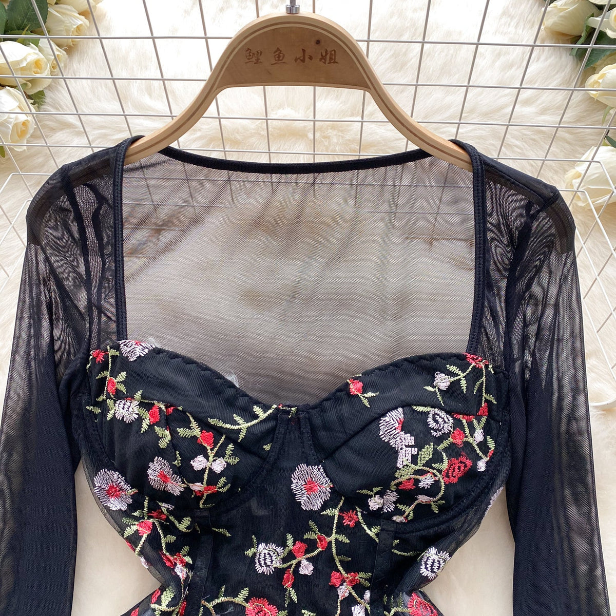 Slim-fit Floral Embroidery Black Romper