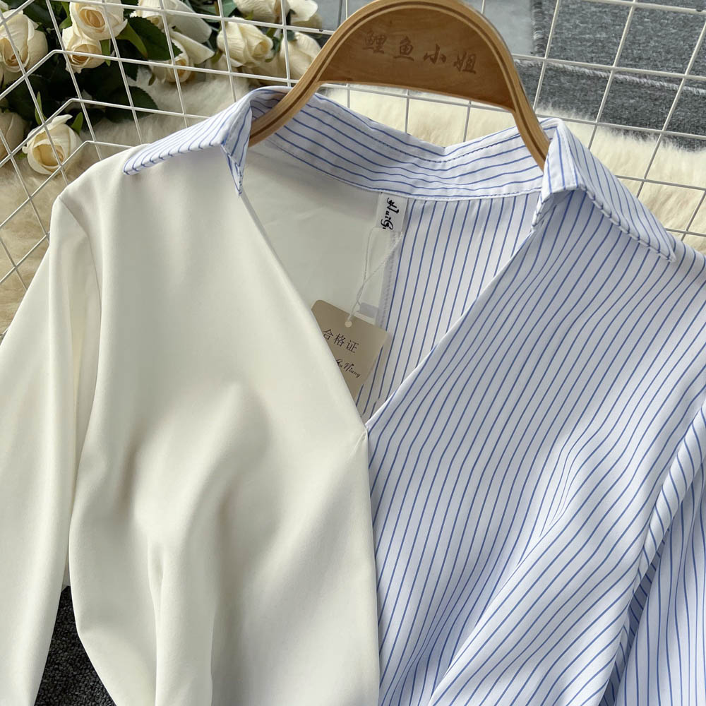 Colorblock Striped Lapel Tie Waist Shirt