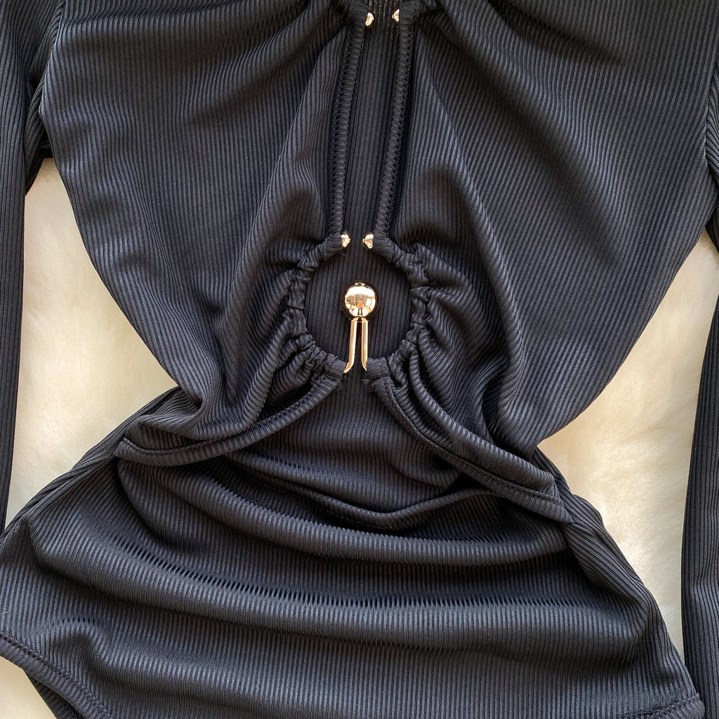 Hollowed Slim-fit Black One-piece Lingerie