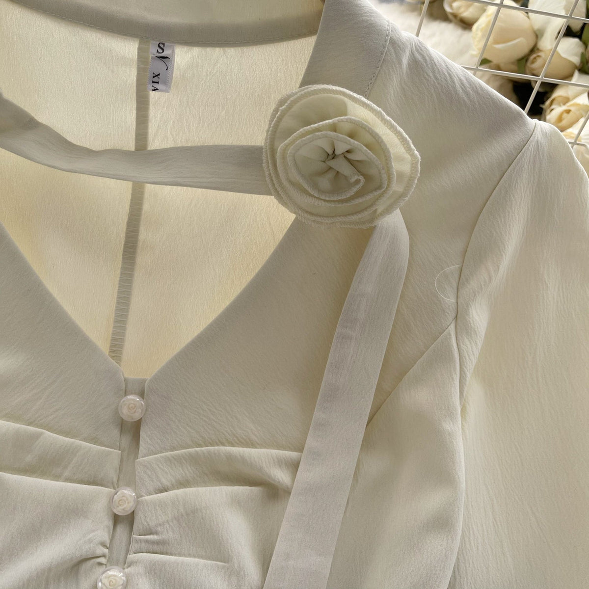3d Floral Lace-up Pleated Shirt