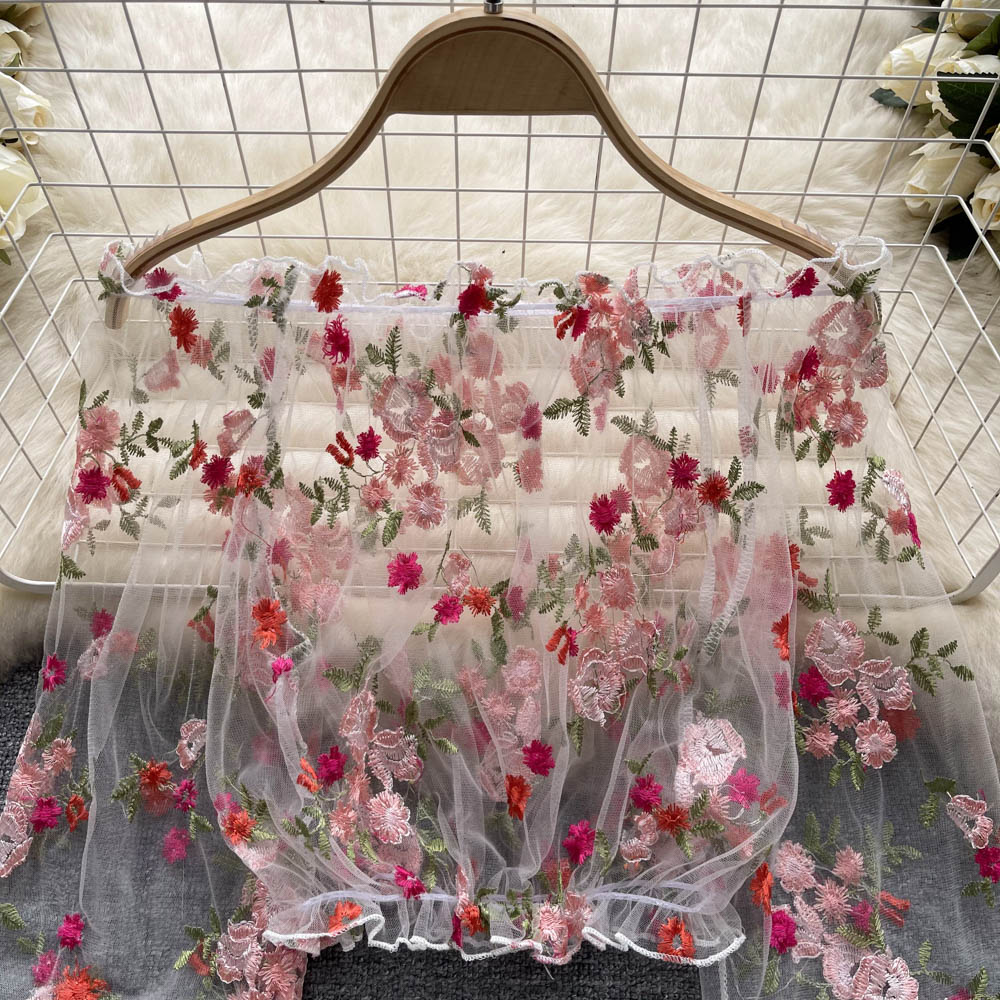 Off-shoulder Floral Embroidery Lace Top