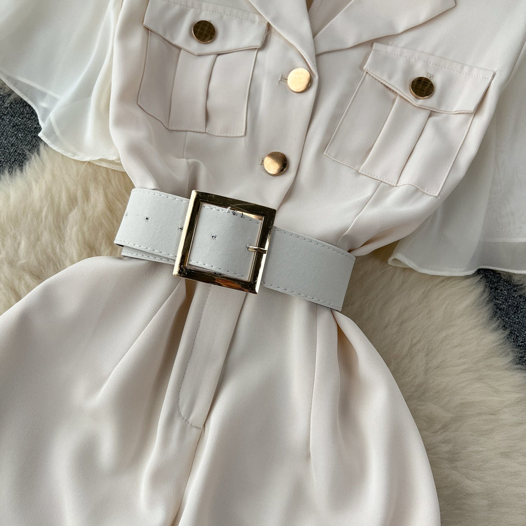 Mesh Patchwork Suit Collar Jumpsuit