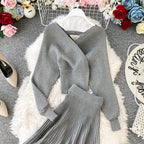 Two-piece Bright Silk Knitted Sweater + Skirt