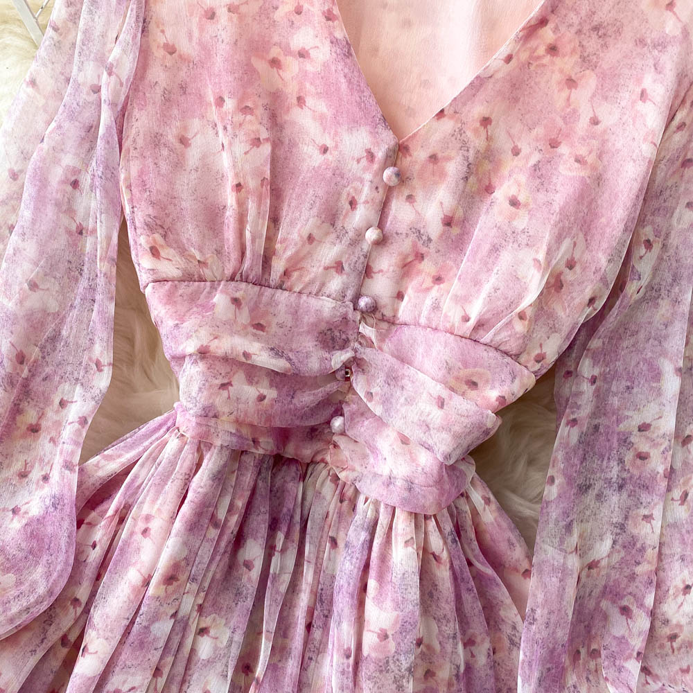Chiffon Floral V-neck Puff Sleeve Printed Dress