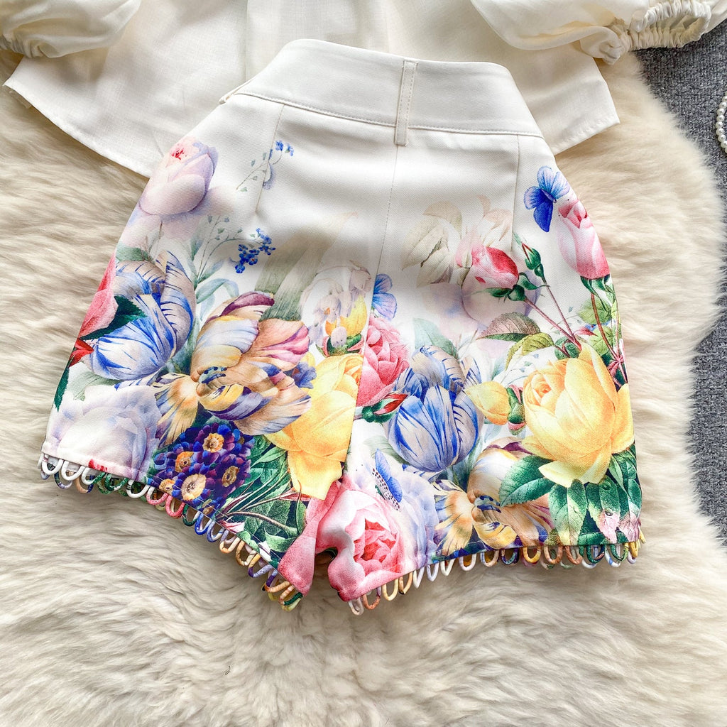 Courtly Floral Printed Shirt&Shorts 2Pcs