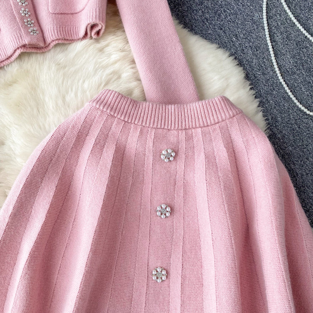 Tweed Cardigan&Pleated Skirt Knitted 2Pcs