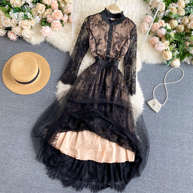 Lace Round Neck Mesh And Crocheted Dress