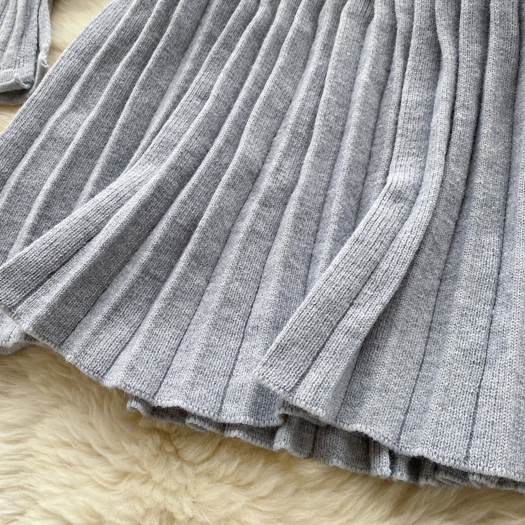 V-neck Cardigan&Pleated Skirt Knitted 2Pcs