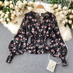 Chiffon Ruffle Trim V-neck Floral Top